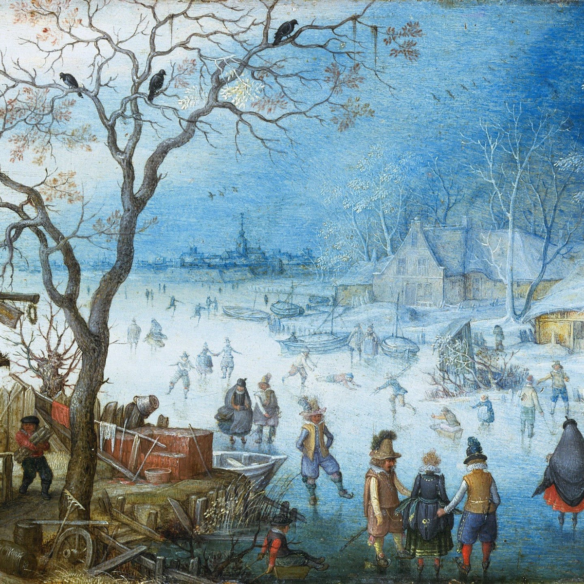 Hand-painted winter village skating on frozen river landscape oil painting on canvas