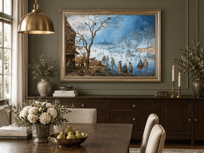Landscape Oil Painting - Winter Village Skating on Frozen River