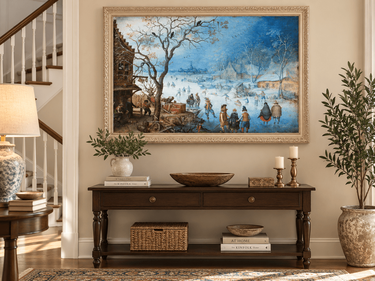 Landscape Oil Painting - Winter Village Skating on Frozen River