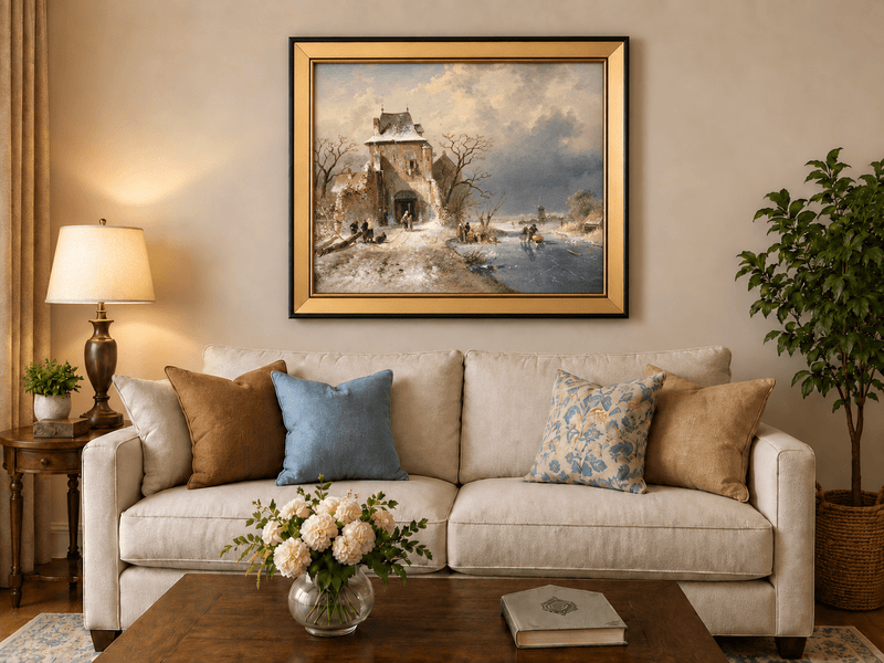 Peinture à l'huile de paysage - Tour de village en hiver