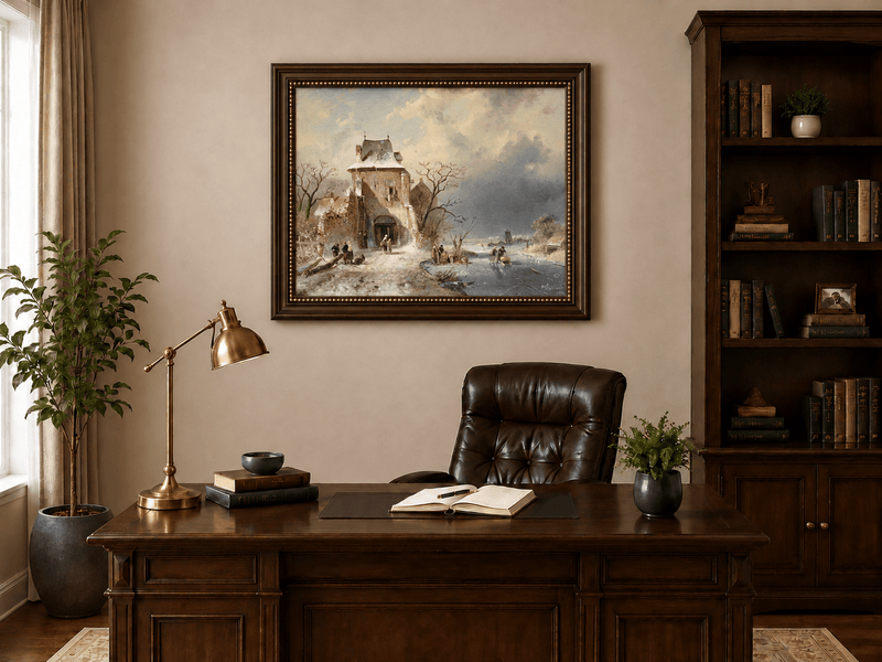 Peinture à l'huile de paysage - Tour de village en hiver