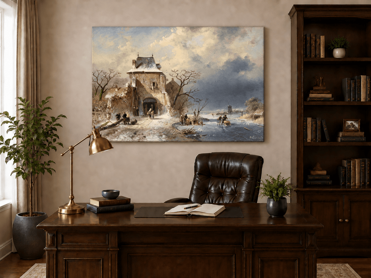 Peinture à l'huile de paysage - Tour de village en hiver