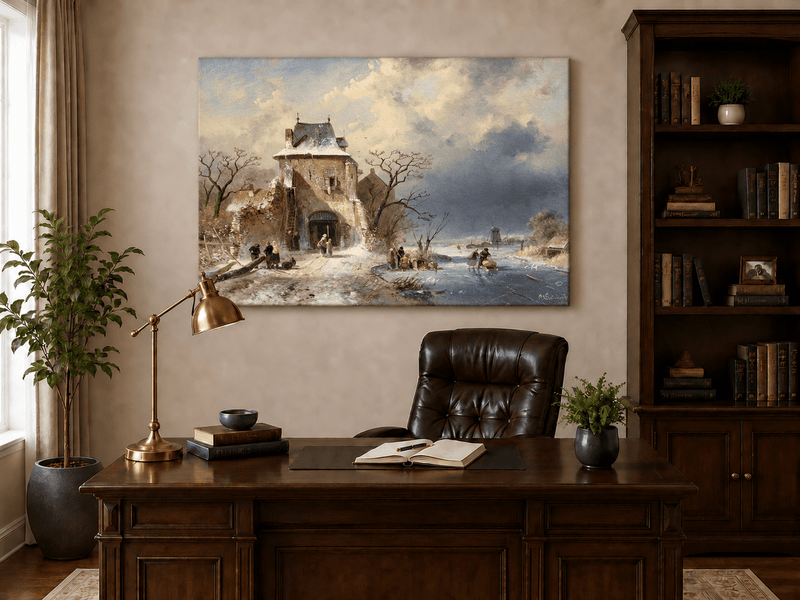 Peinture à l'huile de paysage - Tour de village en hiver