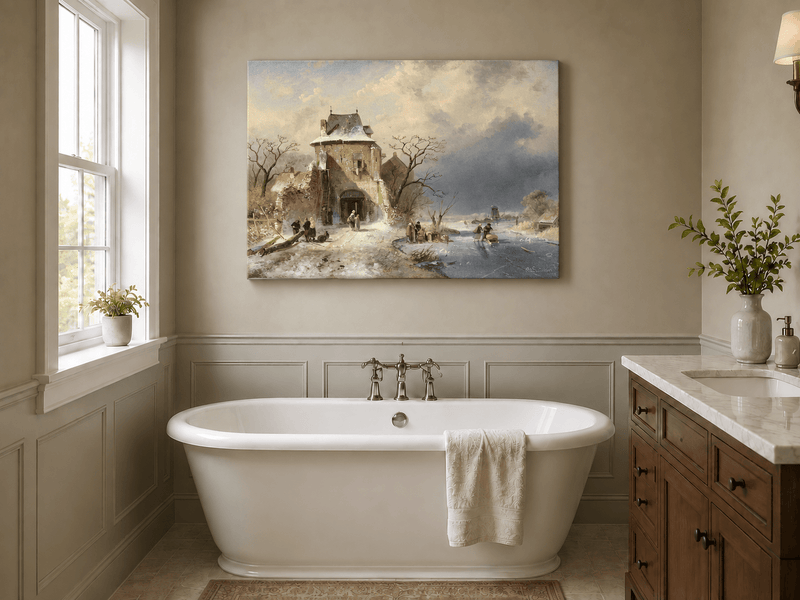 Peinture à l'huile de paysage - Tour de village en hiver