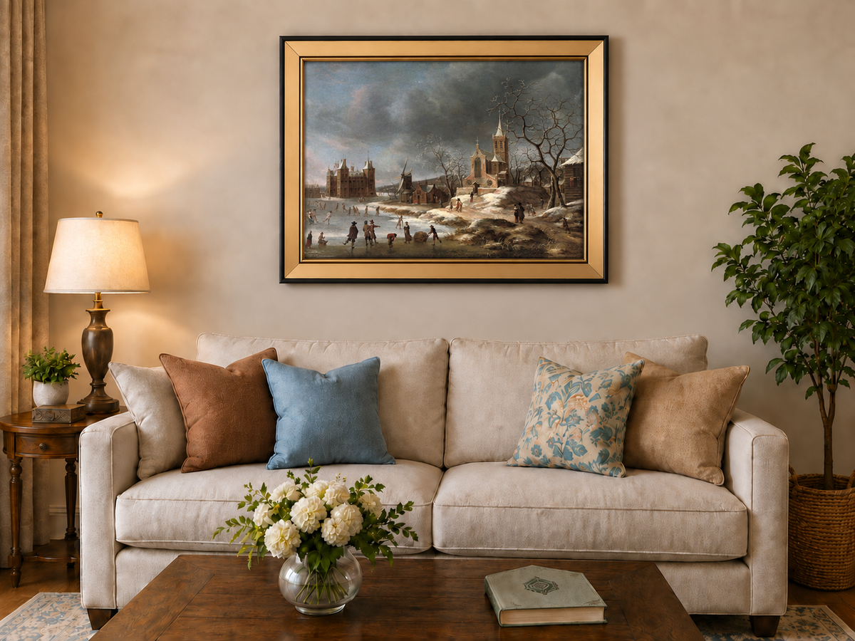 Hand-painted Winter Village with Church and Skaters landscape oil painting displayed as wall art in a styled interior