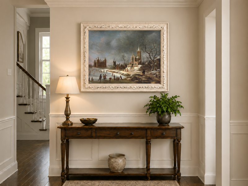 Hand-painted Winter Village with Church and Skaters landscape oil painting displayed as wall art in a styled interior