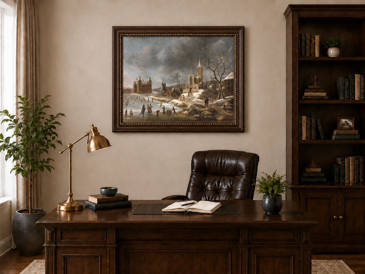Hand-painted Winter Village with Church and Skaters landscape oil painting displayed as wall art in a styled interior