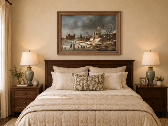 Hand-painted Winter Village with Church and Skaters landscape oil painting displayed as wall art in a styled interior