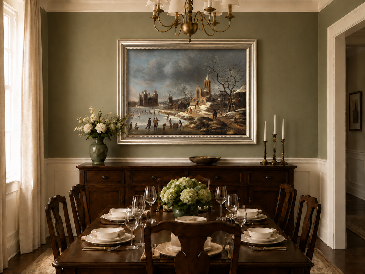 Hand-painted Winter Village with Church and Skaters landscape oil painting displayed as wall art in a styled interior