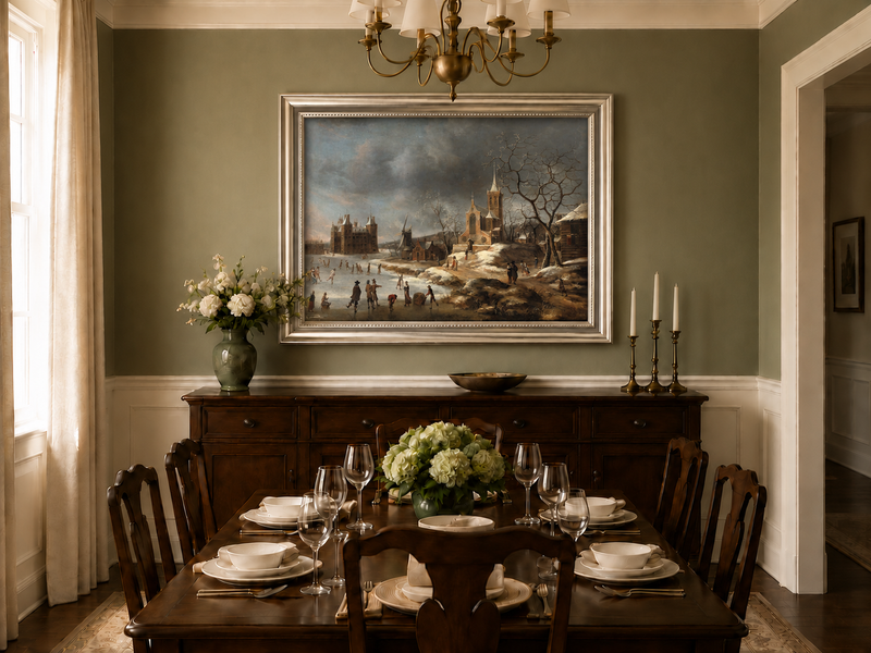 Hand-painted Winter Village with Church and Skaters landscape oil painting displayed as wall art in a styled interior