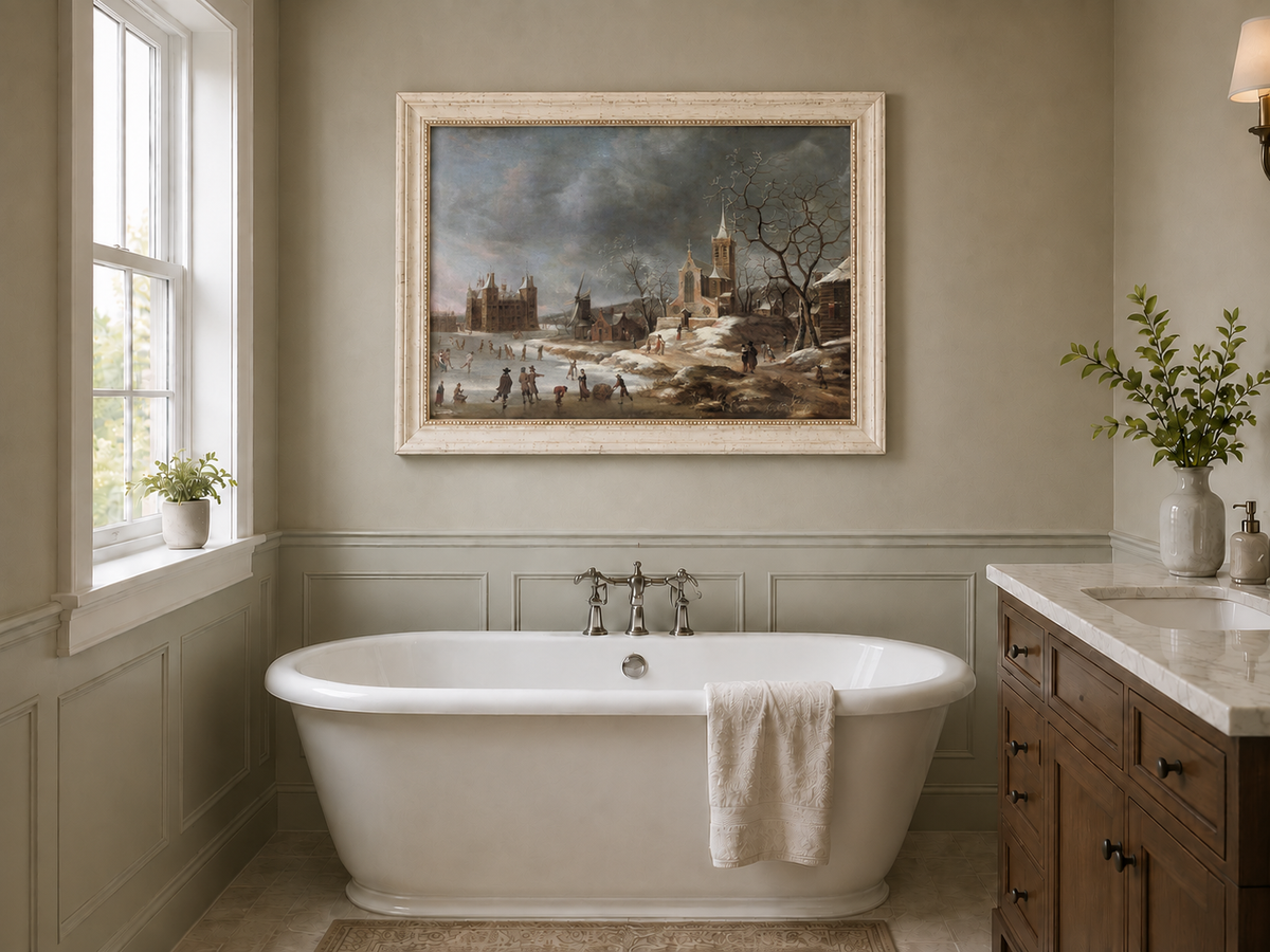 Hand-painted Winter Village with Church and Skaters landscape oil painting displayed as wall art in a styled interior