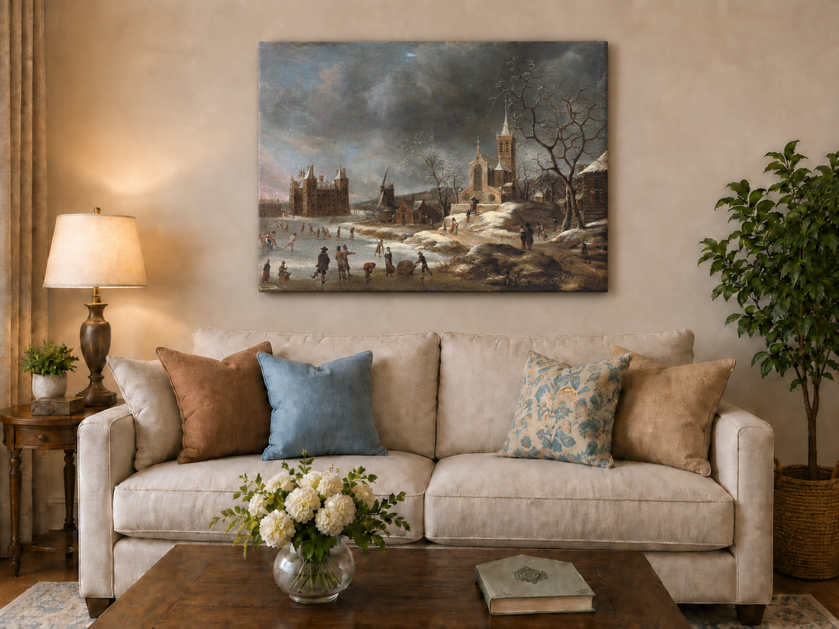 Hand-painted Winter Village with Church and Skaters landscape oil painting displayed as wall art in a styled interior