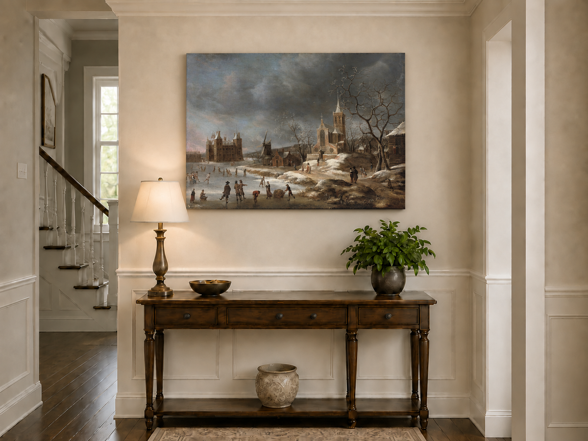 Hand-painted Winter Village with Church and Skaters landscape oil painting displayed as wall art in a styled interior