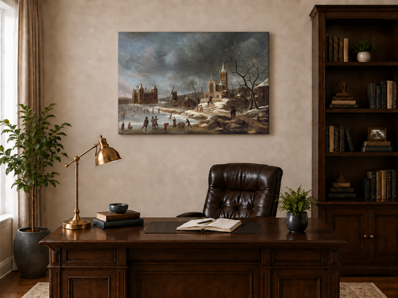 Hand-painted Winter Village with Church and Skaters landscape oil painting displayed as wall art in a styled interior