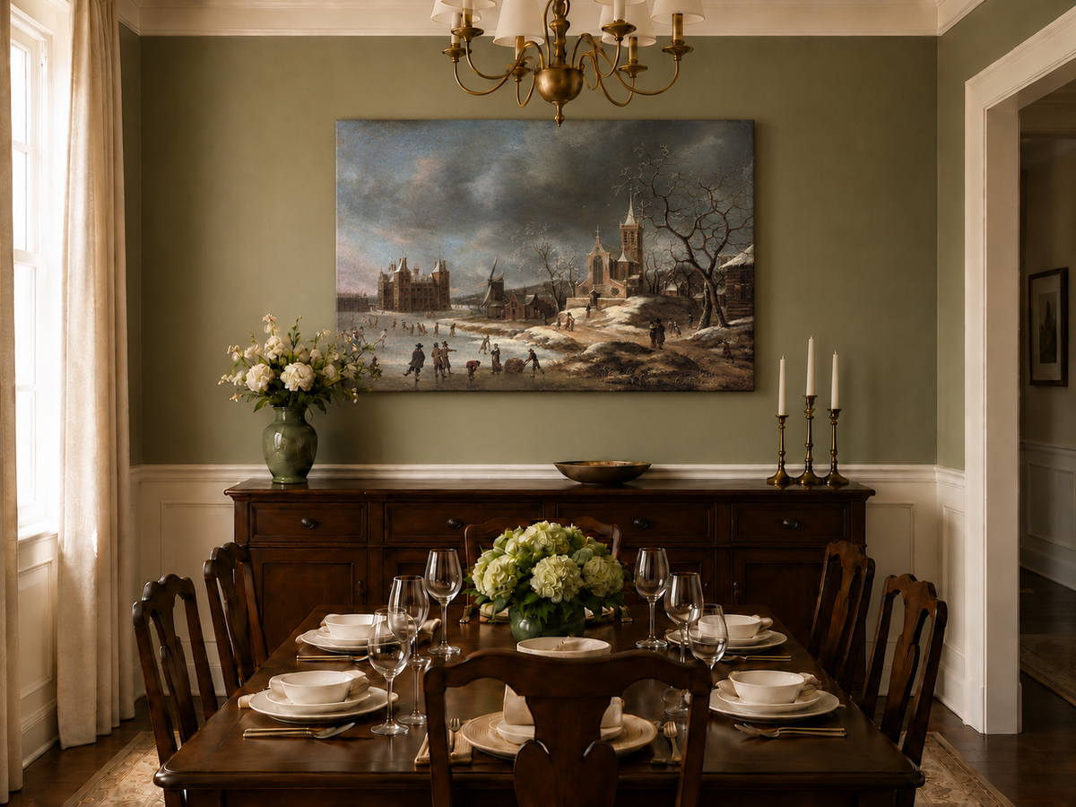 Hand-painted Winter Village with Church and Skaters landscape oil painting displayed as wall art in a styled interior
