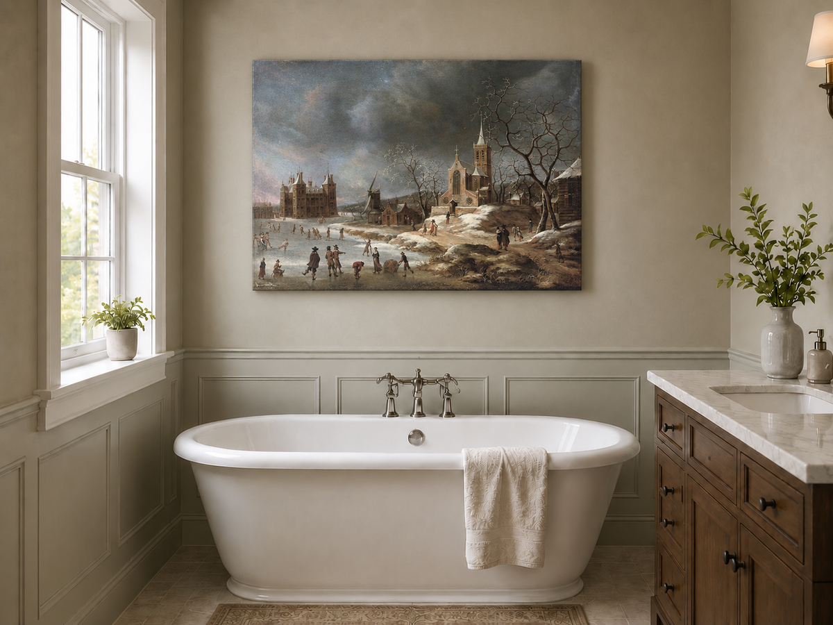 Hand-painted Winter Village with Church and Skaters landscape oil painting displayed as wall art in a styled interior