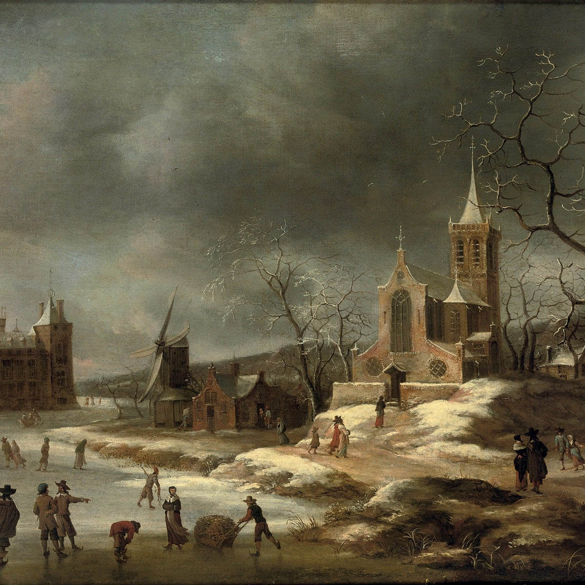 Hand-painted winter village with church and skaters landscape oil painting on canvas