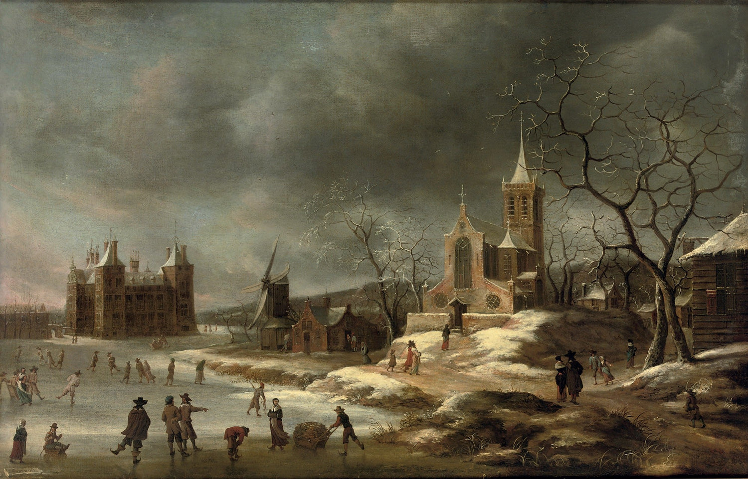 Hand-painted winter village with church and skaters landscape oil painting on canvas