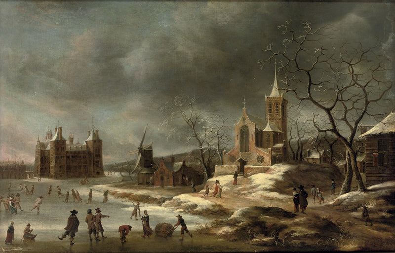 Hand-painted winter village with church and skaters landscape oil painting on canvas