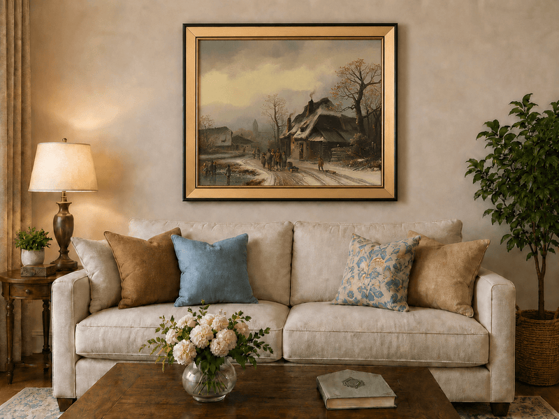 Peinture à l'huile de paysage - Gouffre rocheux spectaculaire avec personnages