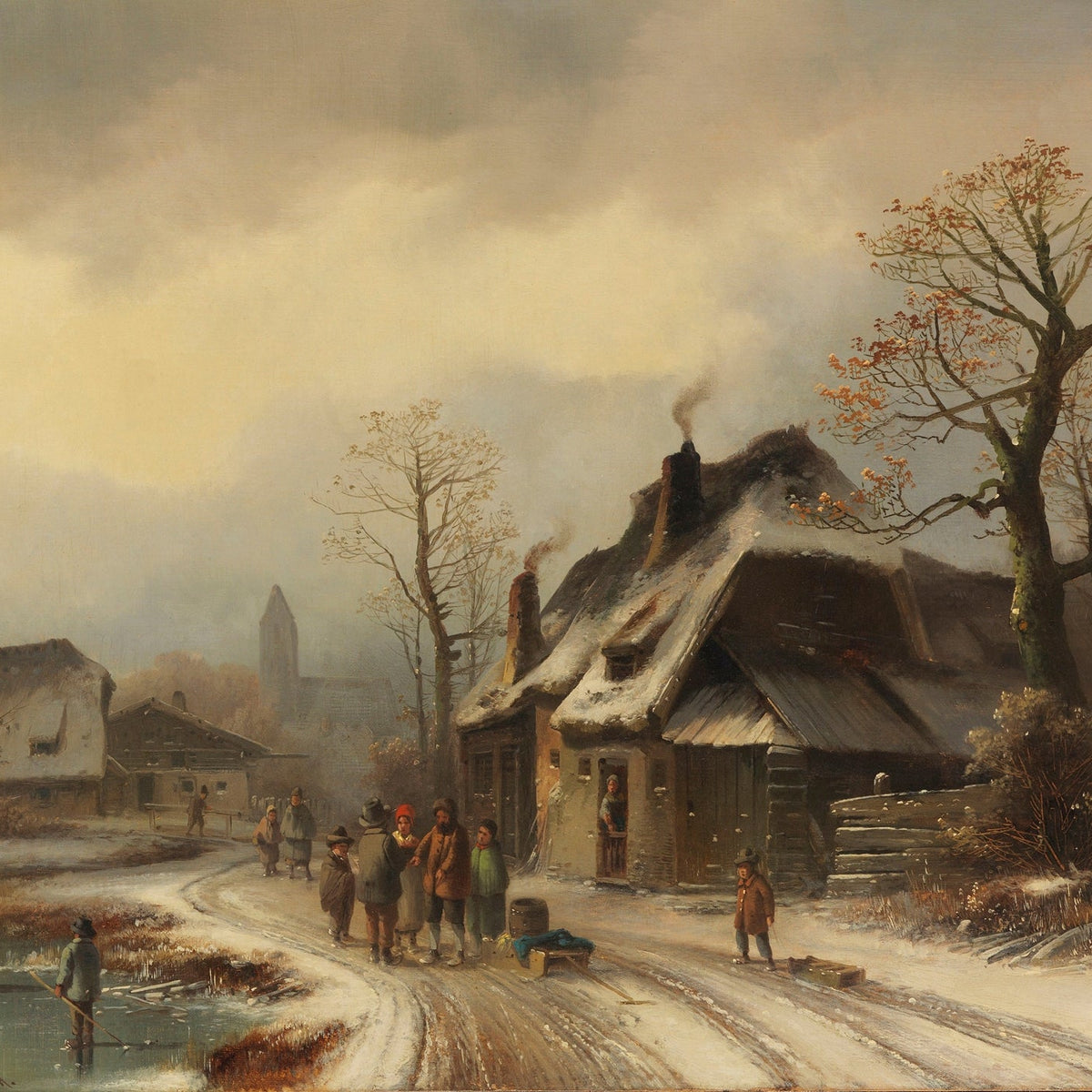 Hand-painted winter village with skaters and cottages landscape oil painting on canvas
