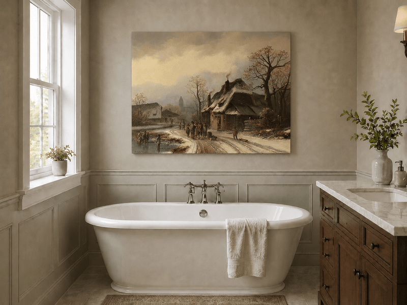Peinture à l'huile de paysage - Gouffre rocheux spectaculaire avec personnages