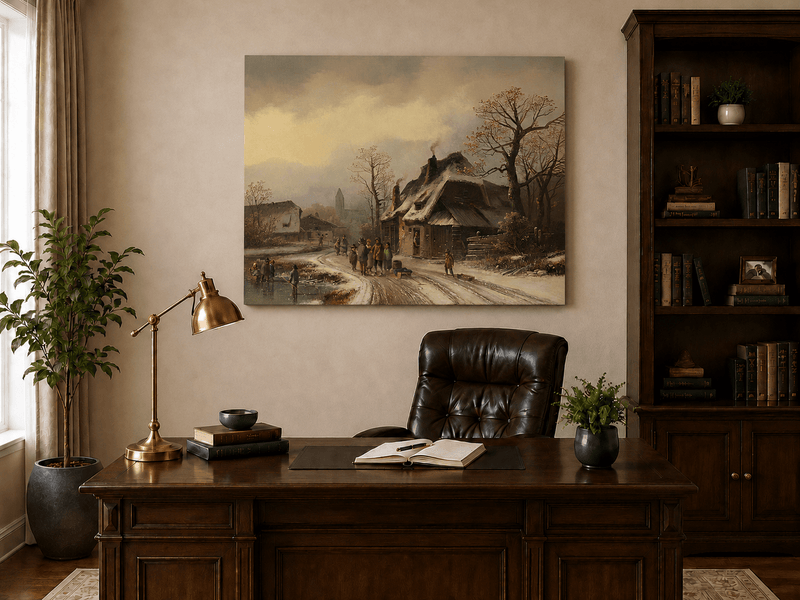 Peinture à l'huile de paysage - Gouffre rocheux spectaculaire avec personnages