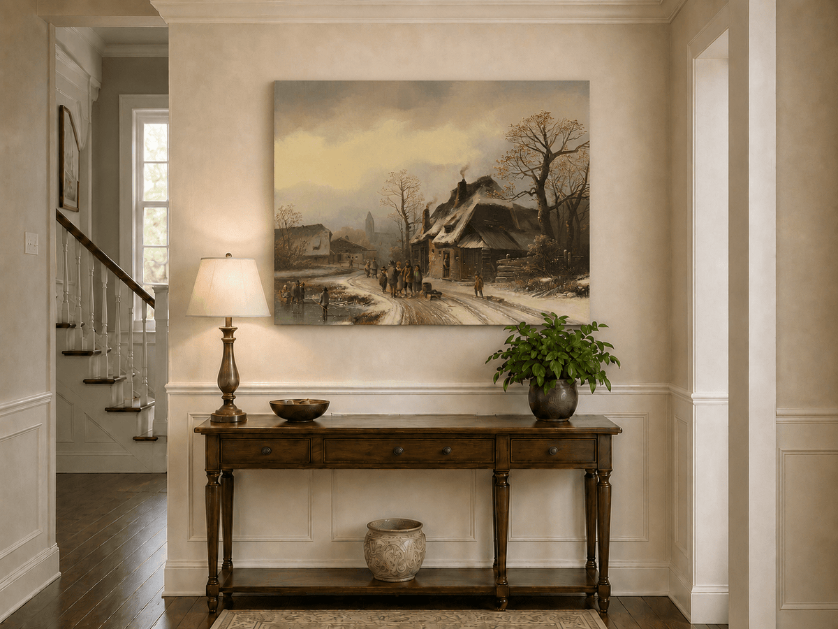 Peinture à l'huile de paysage - Gouffre rocheux spectaculaire avec personnages