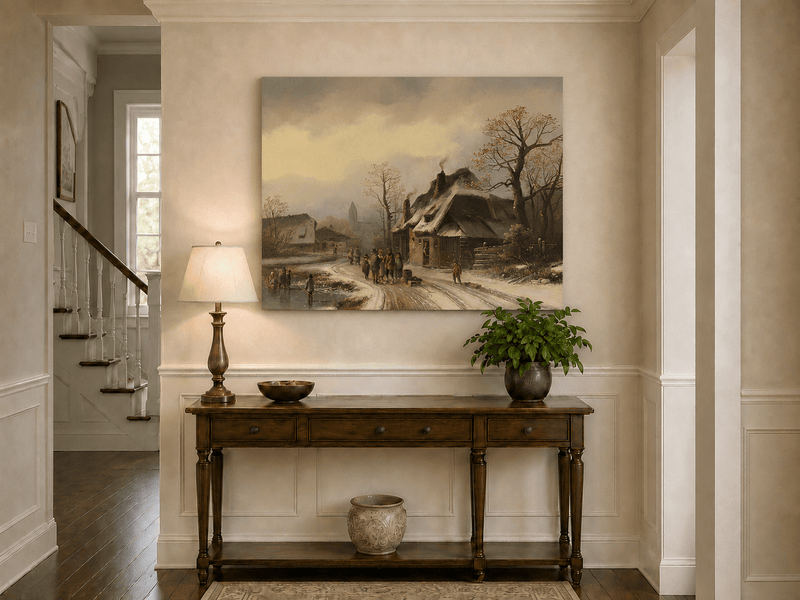 Peinture à l'huile de paysage - Gouffre rocheux spectaculaire avec personnages