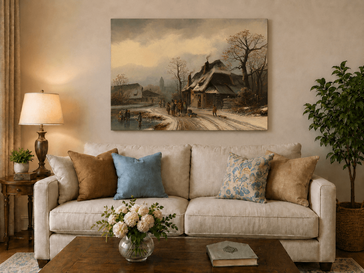 Peinture à l'huile de paysage - Gouffre rocheux spectaculaire avec personnages