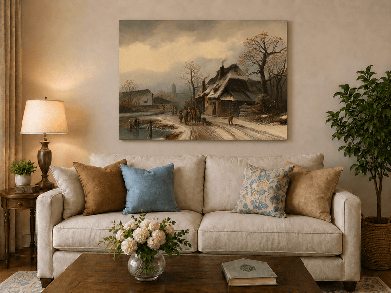 Peinture à l'huile de paysage - Gouffre rocheux spectaculaire avec personnages