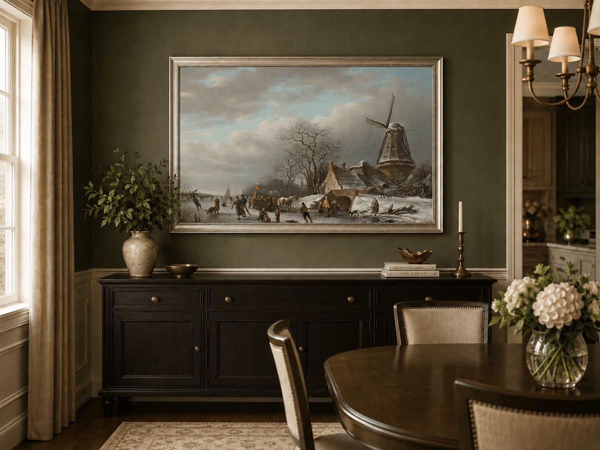 Landscape Oil Painting - Winter Windmill and Skaters Scene