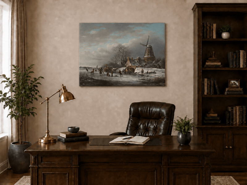 Landscape Oil Painting - Winter Windmill and Skaters Scene
