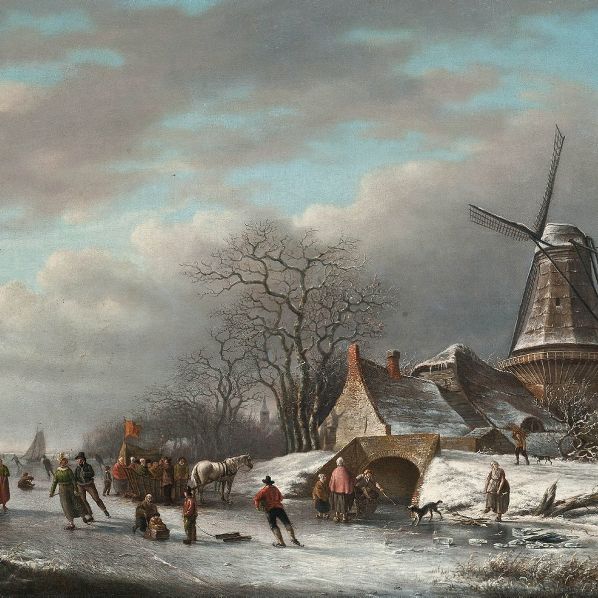 Hand-painted winter windmill and skaters scene landscape oil painting on canvas