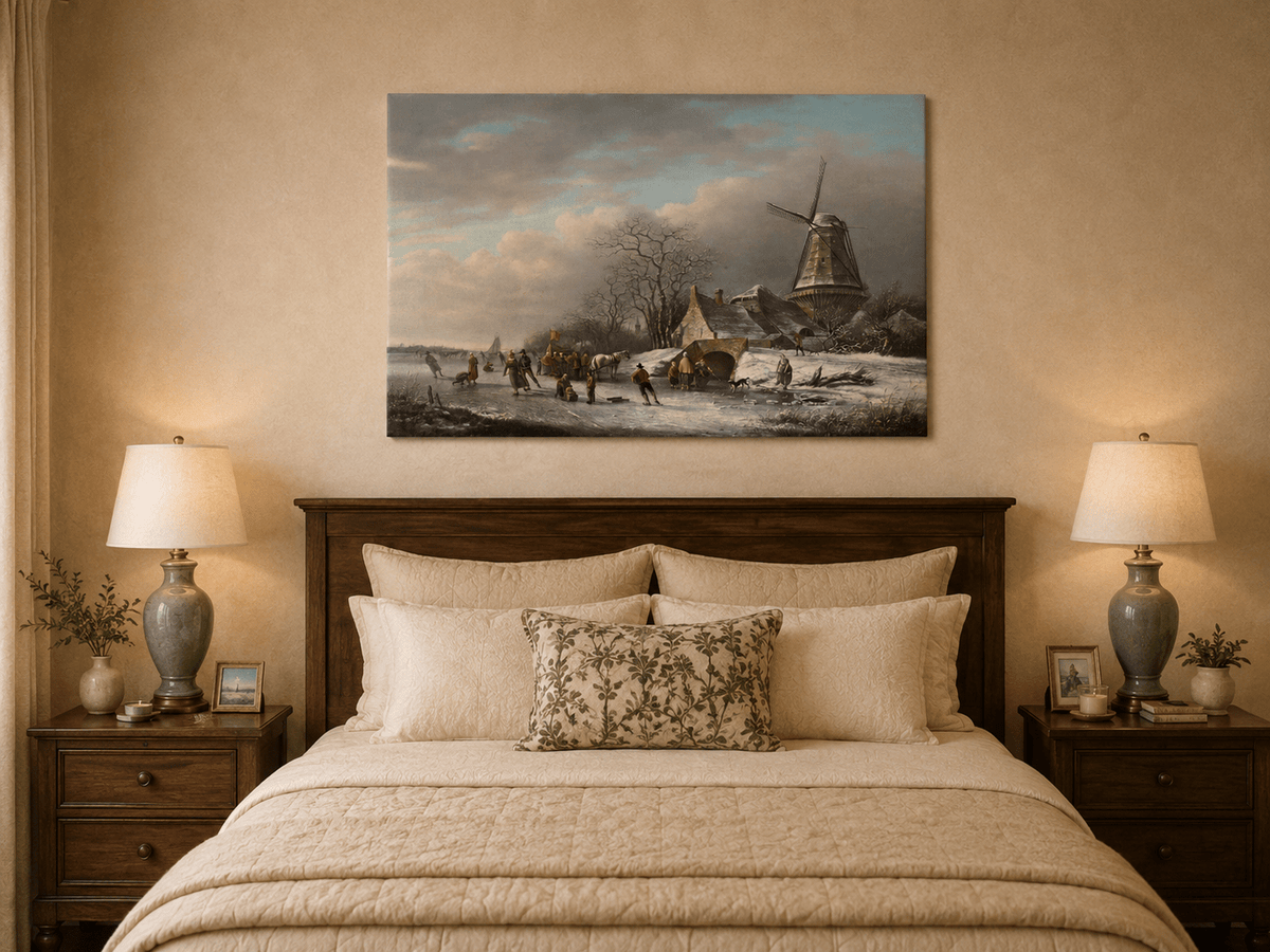 Landscape Oil Painting - Winter Windmill and Skaters Scene