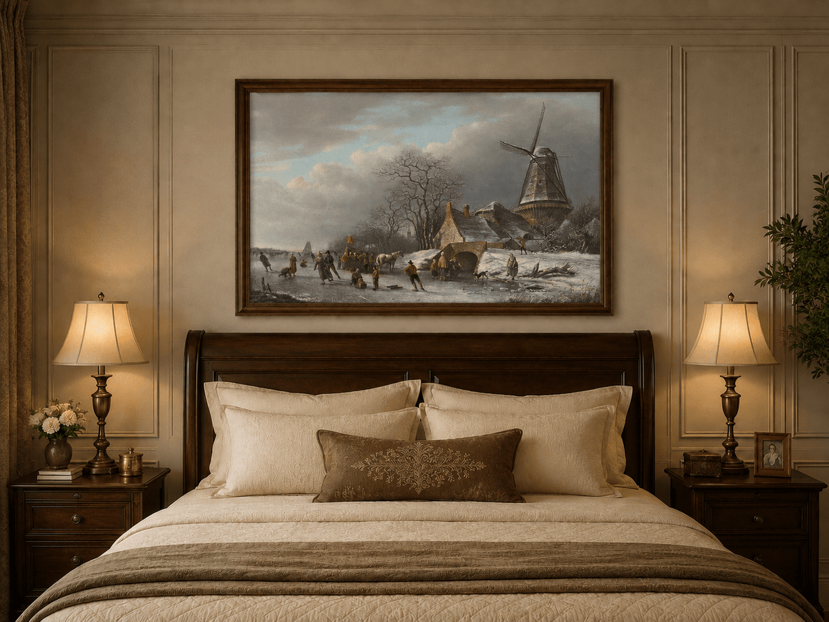 Landscape Oil Painting - Winter Windmill and Skaters Scene