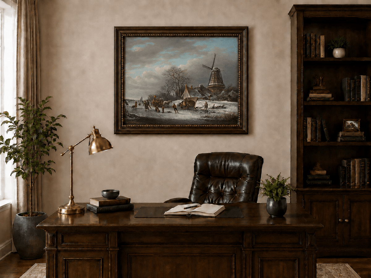 Landscape Oil Painting - Winter Windmill and Skaters Scene