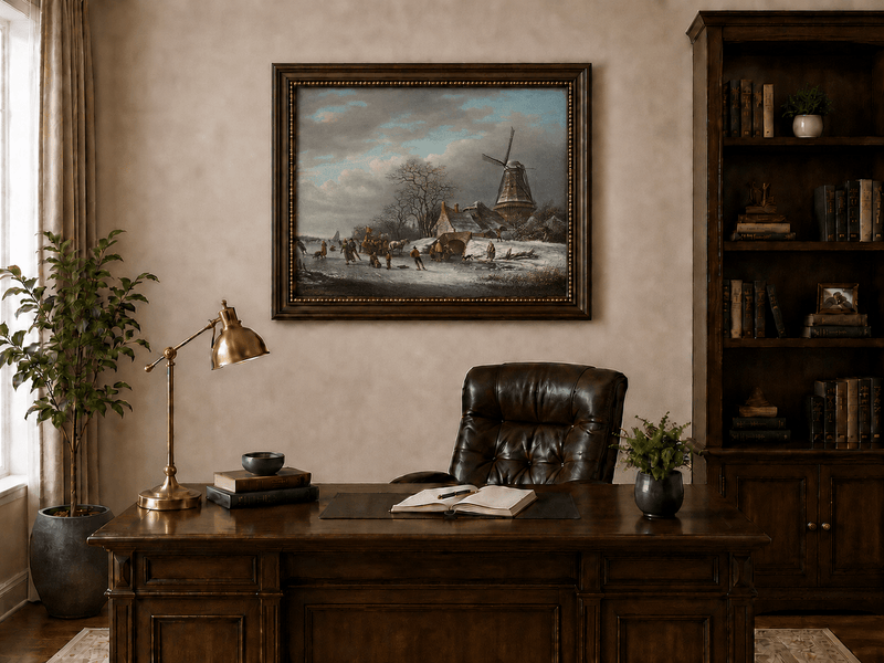 Landscape Oil Painting - Winter Windmill and Skaters Scene