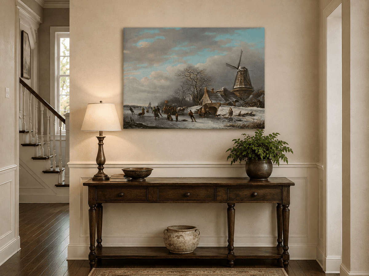 Landscape Oil Painting - Winter Windmill and Skaters Scene