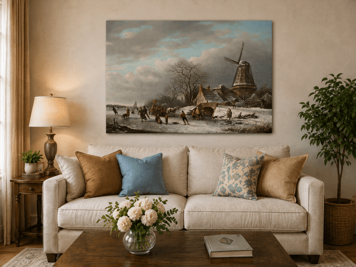 Landscape Oil Painting - Winter Windmill and Skaters Scene