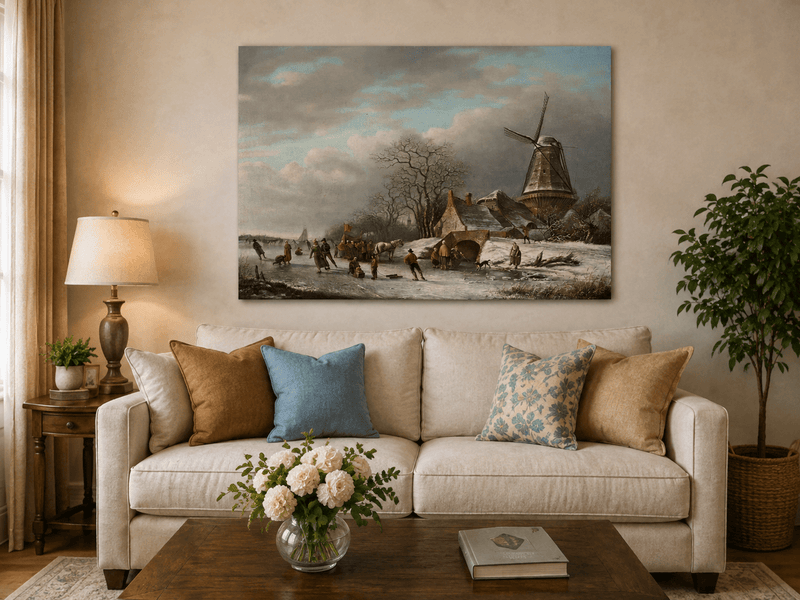 Landscape Oil Painting - Winter Windmill and Skaters Scene
