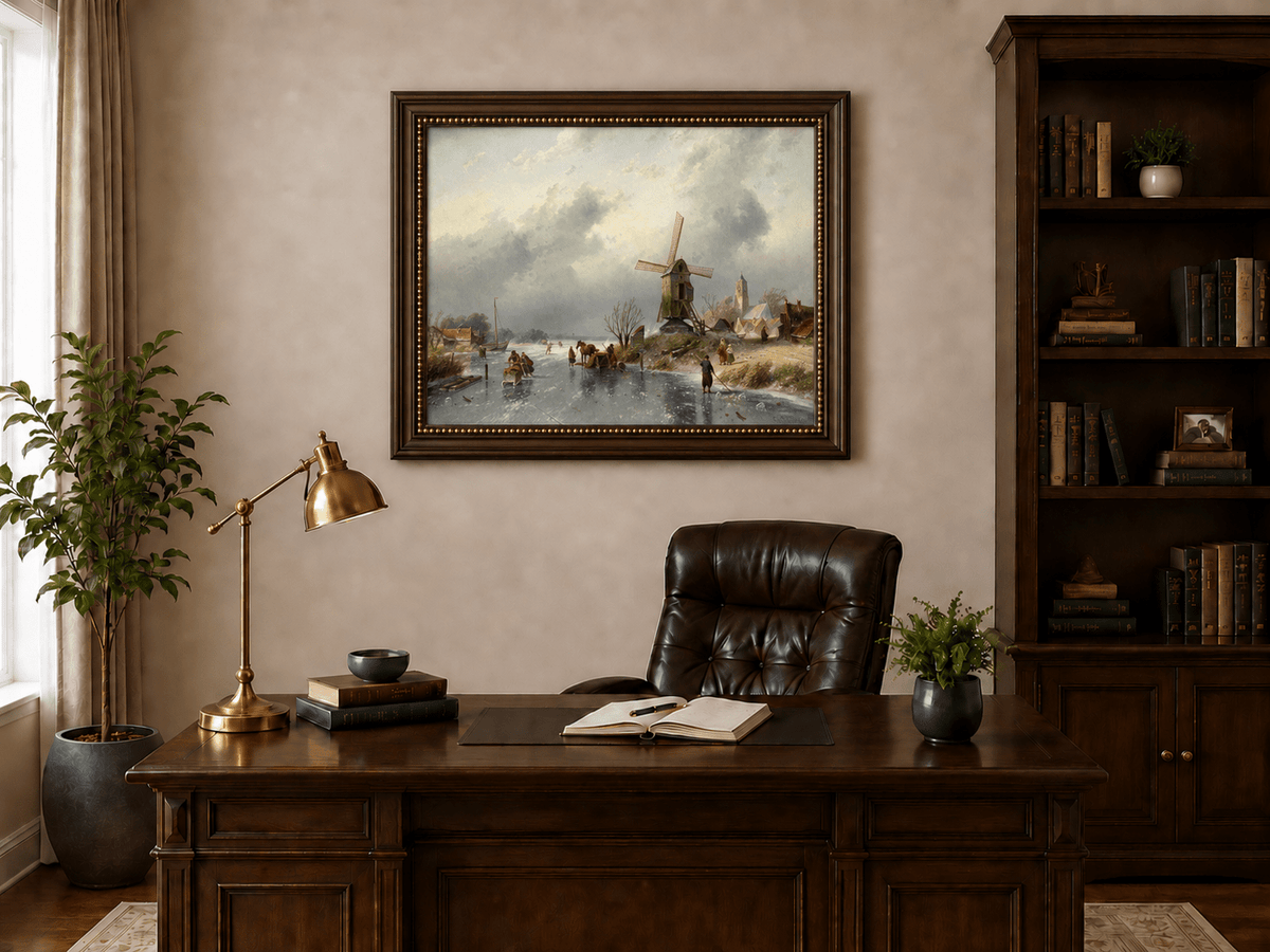 Landscape Oil Painting - Winter Windmill by a Frozen Canal
