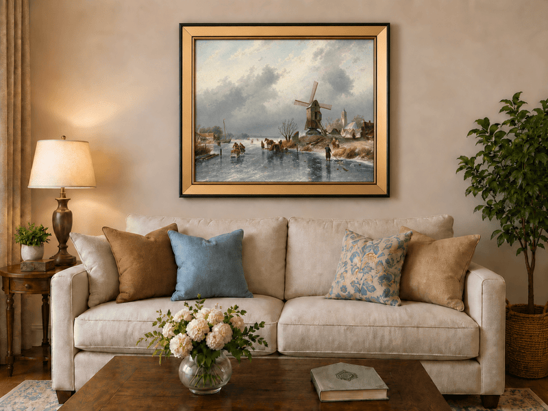 Landscape Oil Painting - Winter Windmill by a Frozen Canal