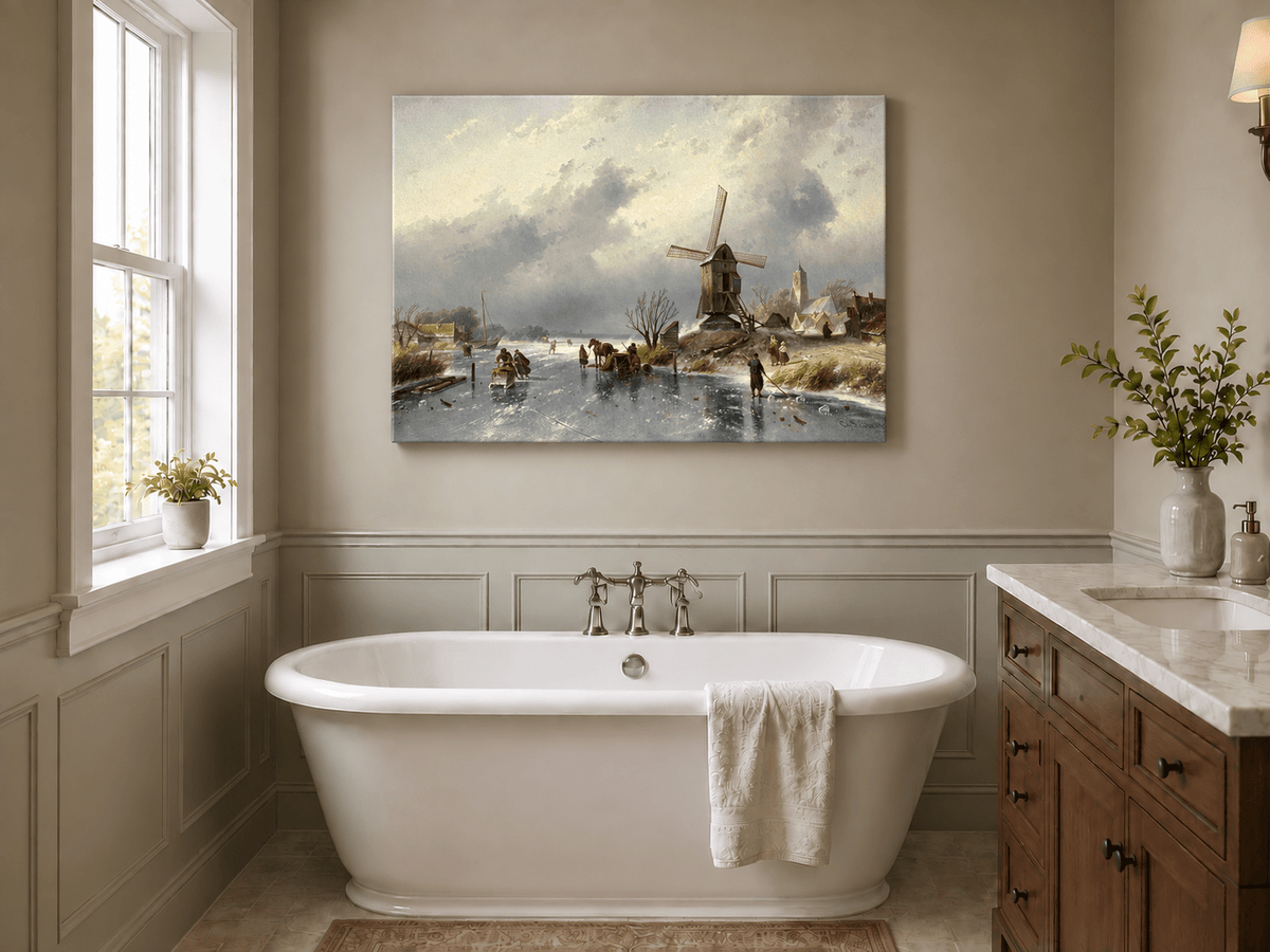 Landscape Oil Painting - Winter Windmill by a Frozen Canal