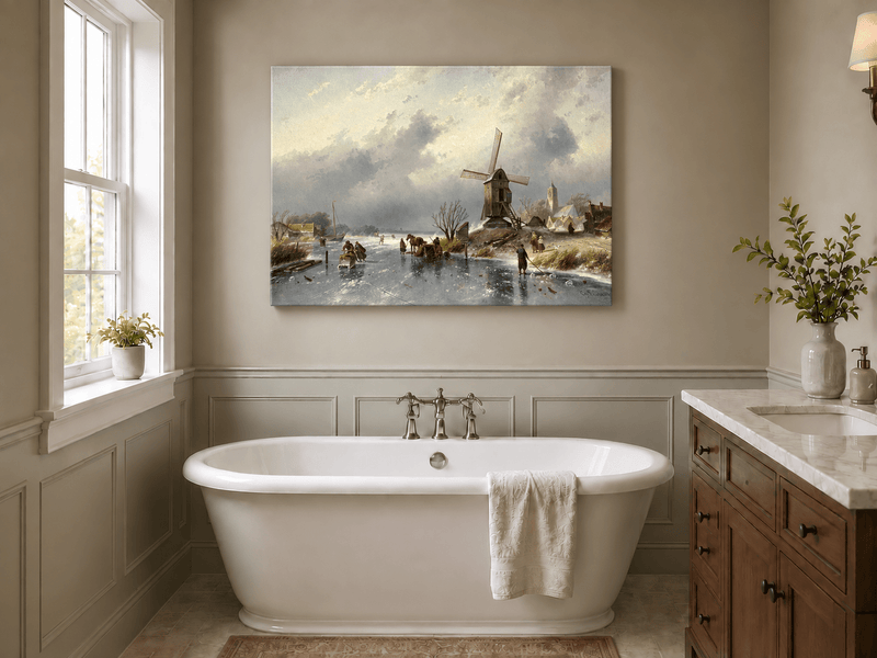 Landscape Oil Painting - Winter Windmill by a Frozen Canal