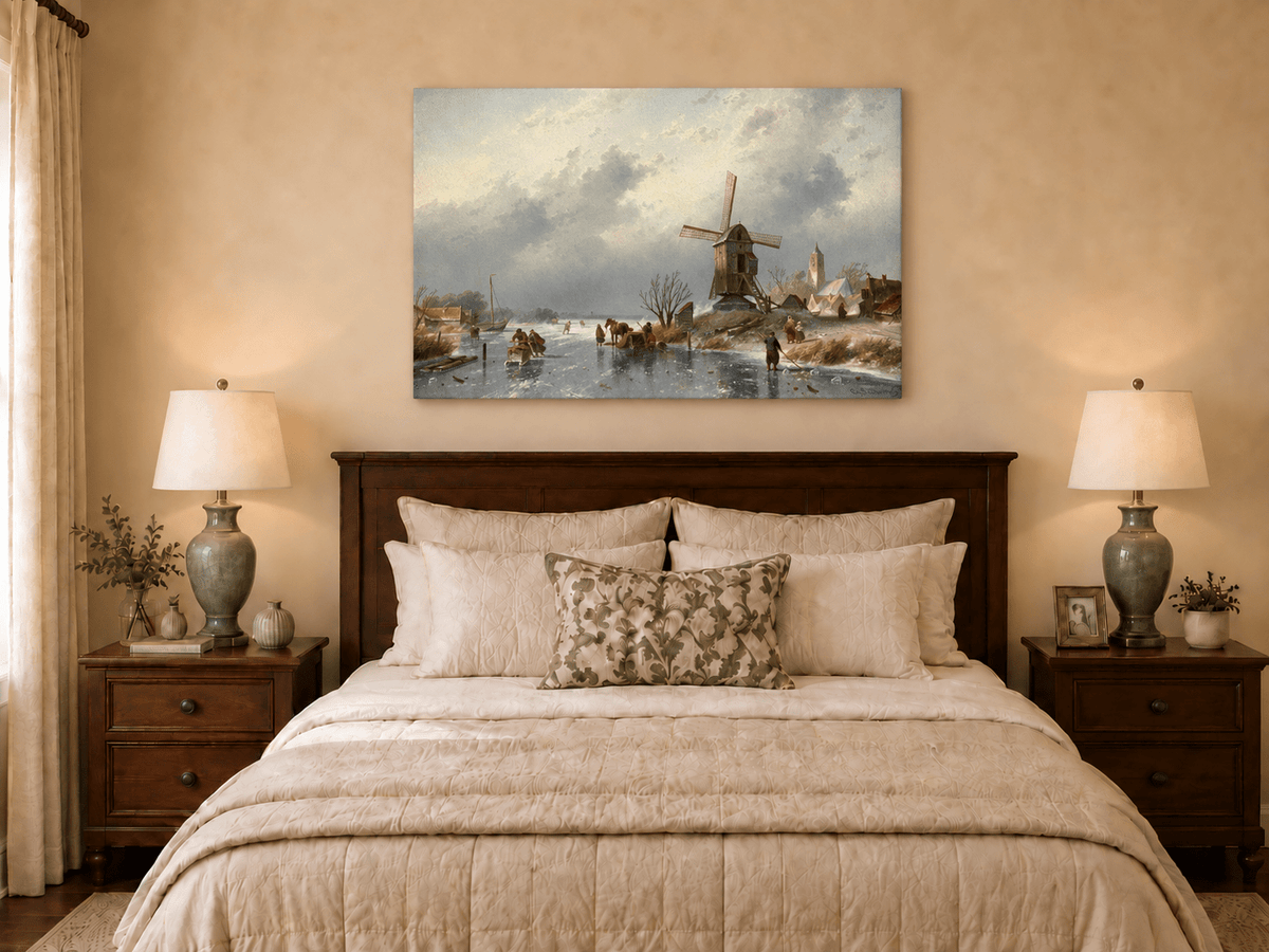 Landscape Oil Painting - Winter Windmill by a Frozen Canal