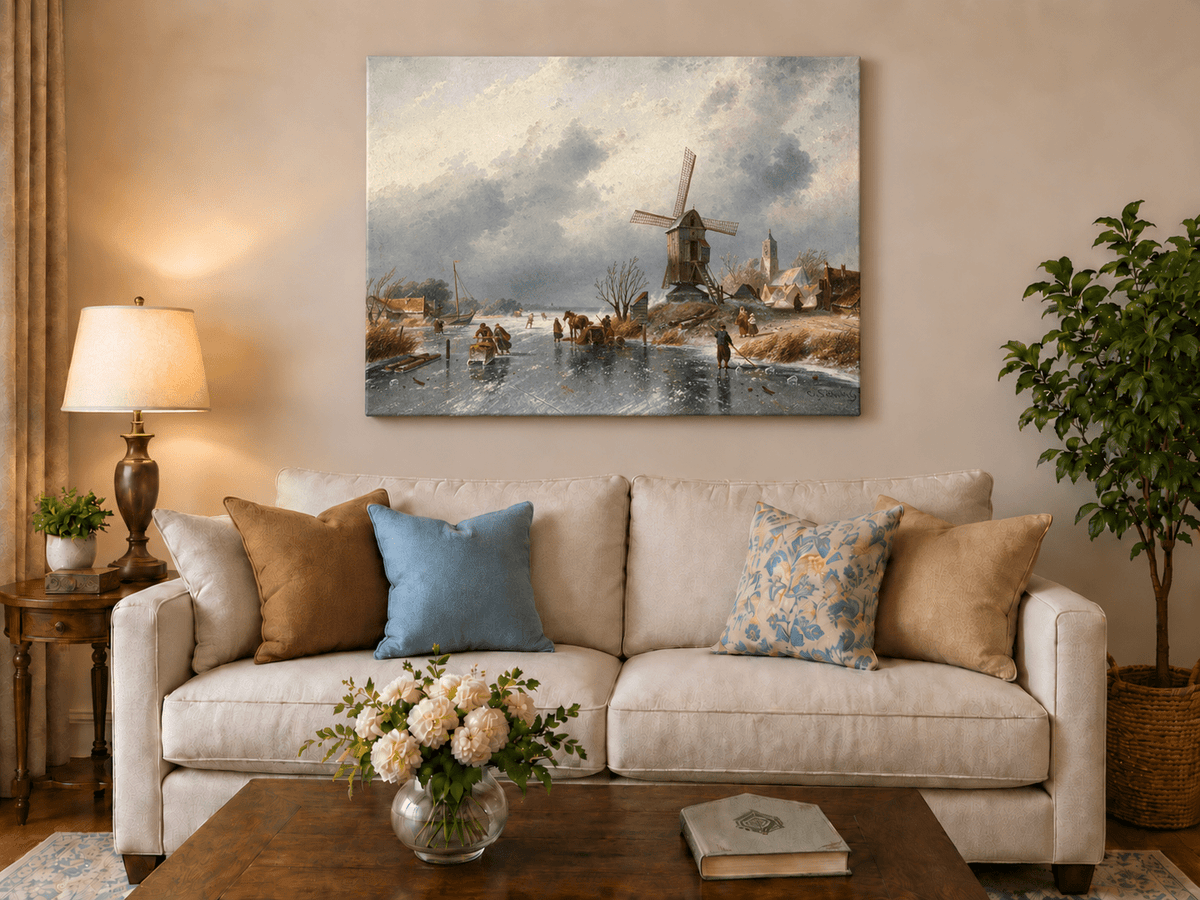 Landscape Oil Painting - Winter Windmill by a Frozen Canal