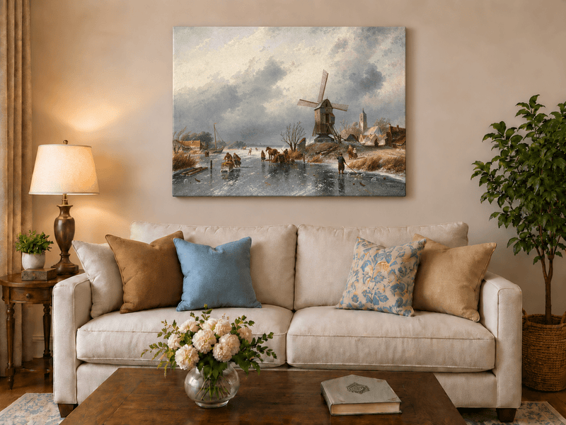 Landscape Oil Painting - Winter Windmill by a Frozen Canal