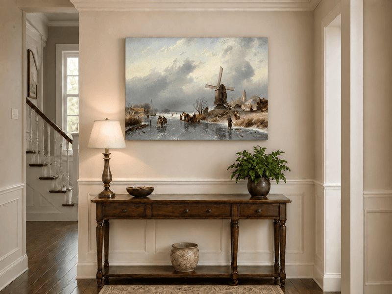 Landscape Oil Painting - Winter Windmill by a Frozen Canal