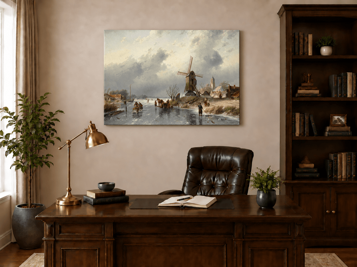 Landscape Oil Painting - Winter Windmill by a Frozen Canal